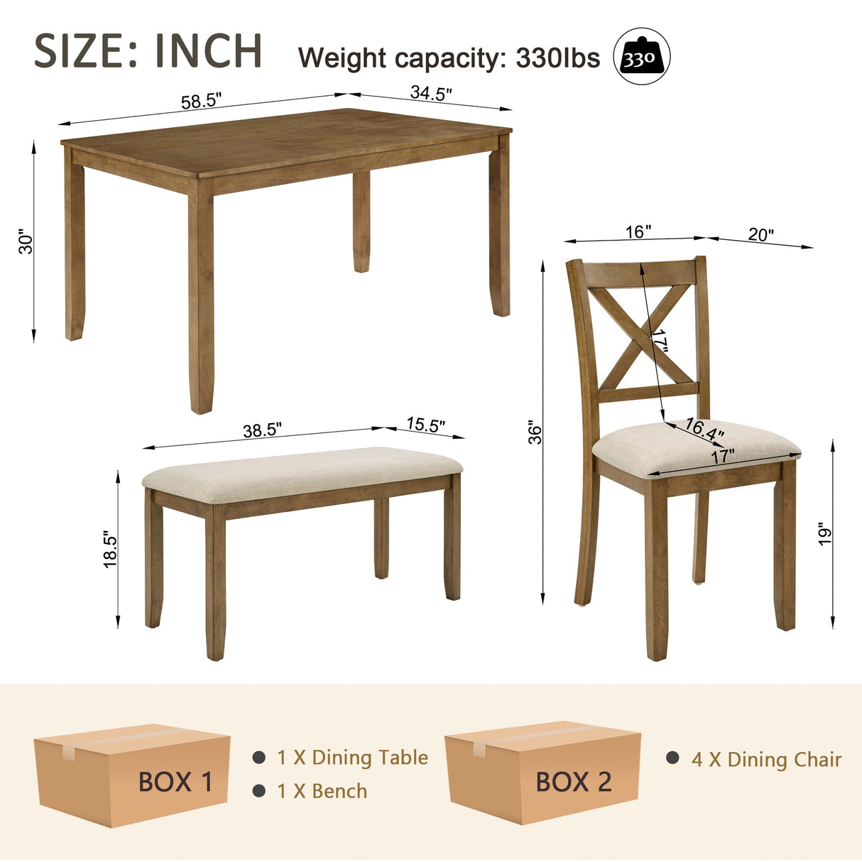 Oak Finish 6-Piece Dining Table Set