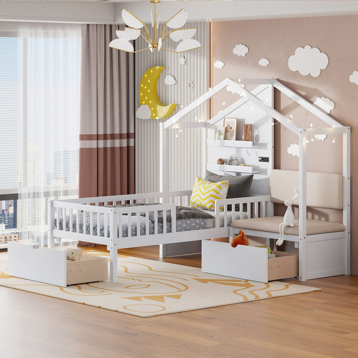 House Bed With Upholstered Sofa, Wireless Charging Station, Shelves And 2 Drawers