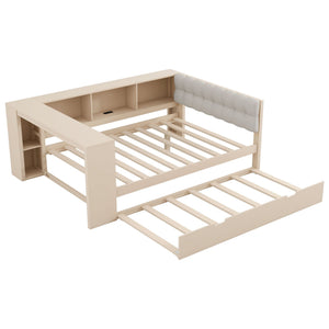 Upholstered Headboard Platform Bed With Storage Shelves, Trundle, Charging Station