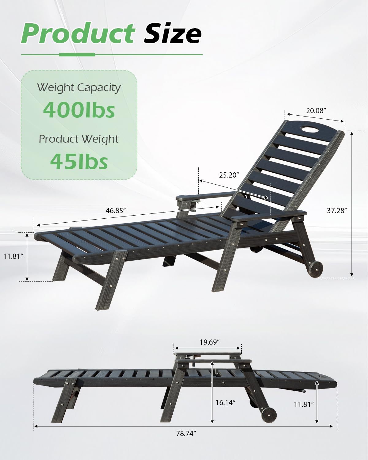 Patio Lounge Chair Outdoor, HDPE Outdoor Chaise Lounge with Reclining Backrest, Pool Lounger Chair for Outside, Poolside, Sunbathing Tanning, Black