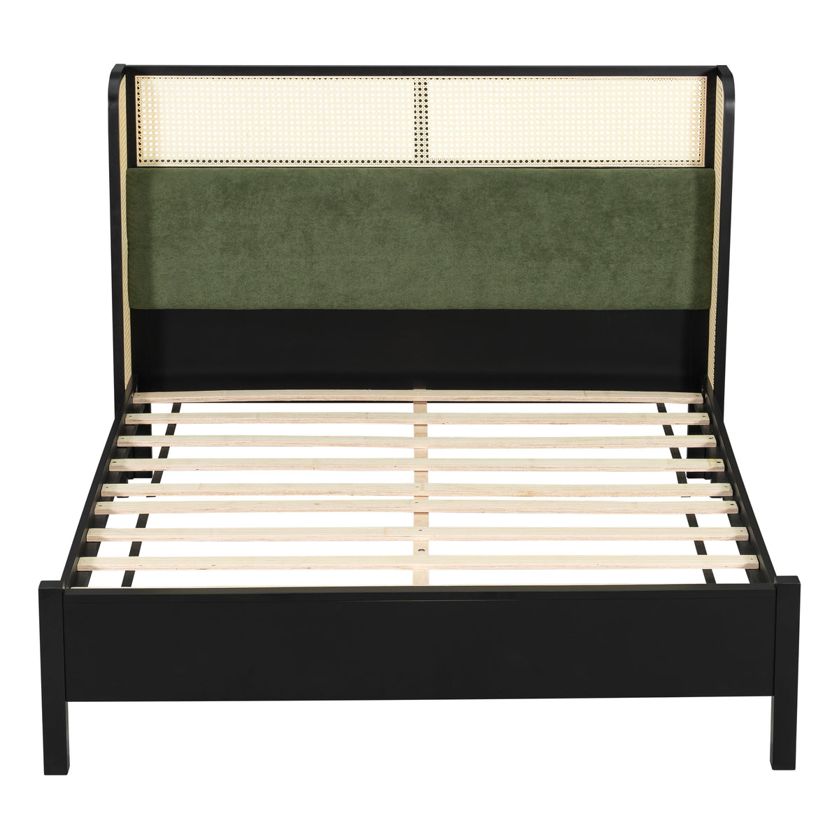 Queen Size Bed Frame with Plush Green Upholstered Headboard