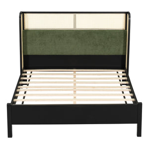 Queen Size Bed Frame with Plush Green Upholstered Headboard
