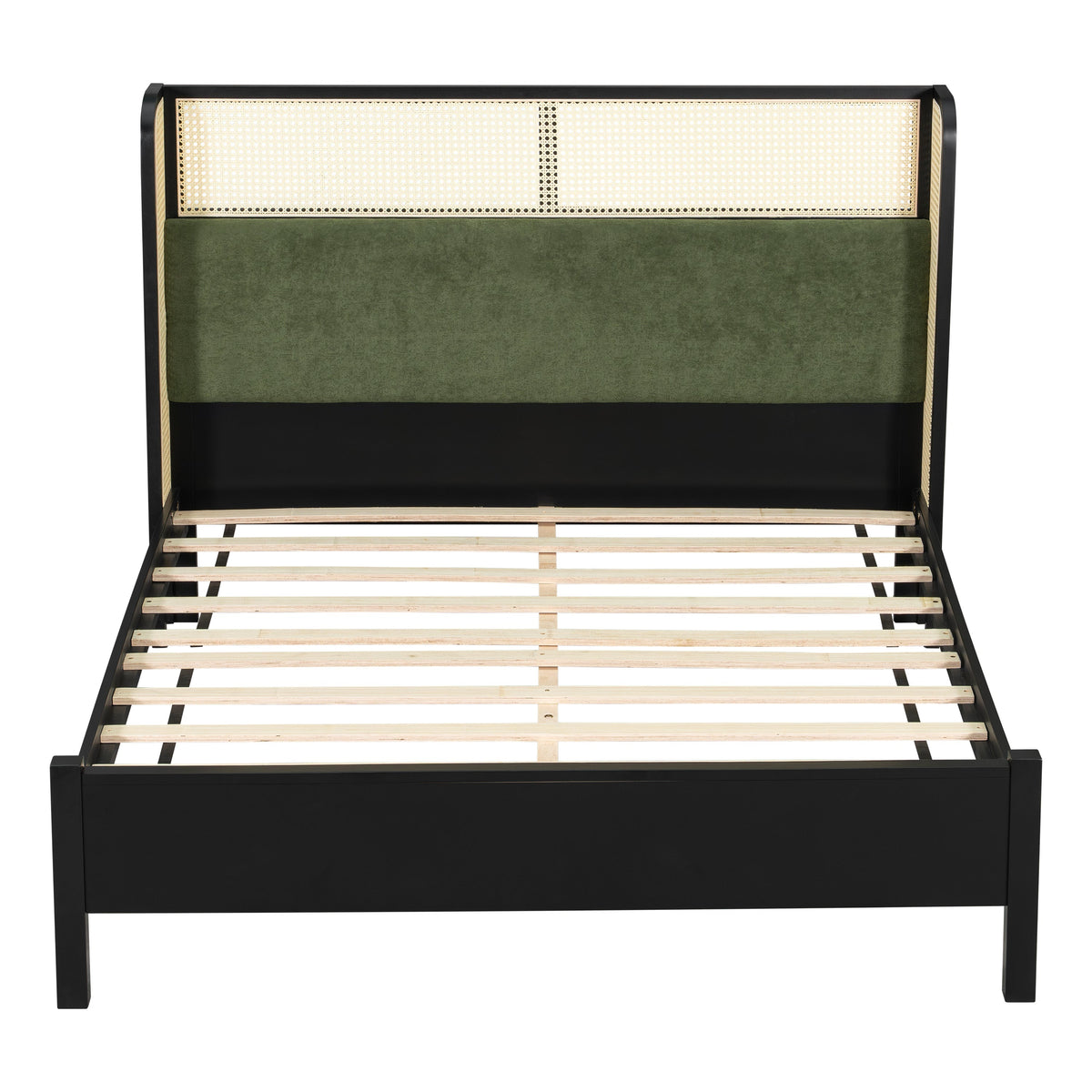 Queen Size Bed Frame with Plush Green Upholstered Headboard