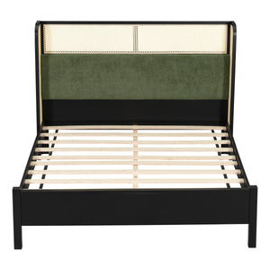 Queen Size Bed Frame with Plush Green Upholstered Headboard