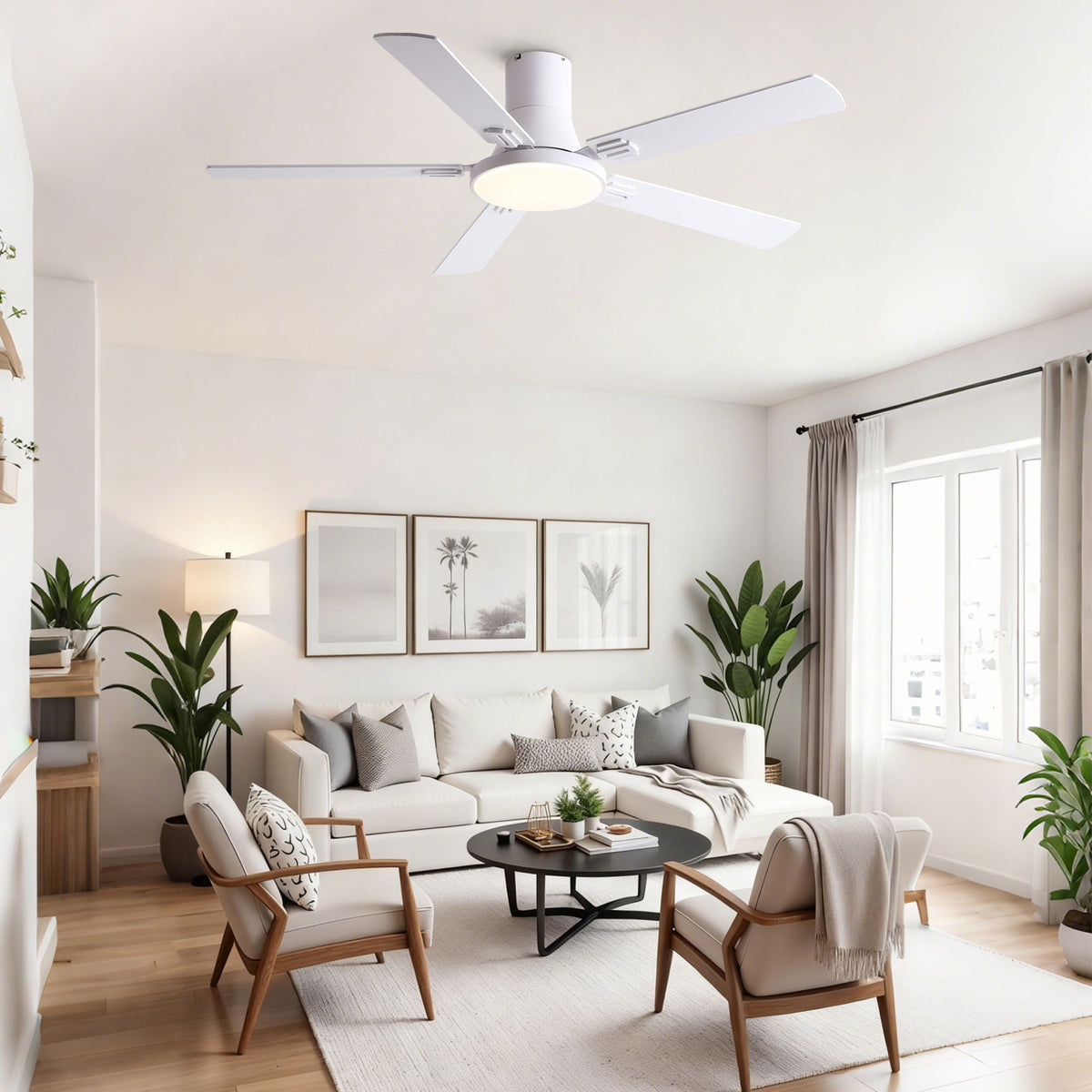 Flush Mount Ceiling Fans With LED Light And Remote Control, 5 Blades