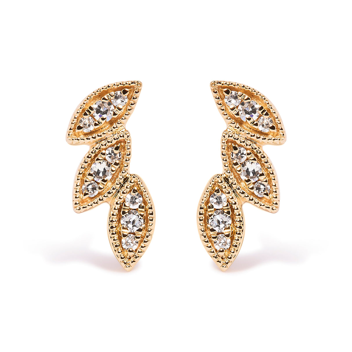 10K Yellow Gold 1/10 Cttw Diamond Triple Leaf Stud Earring (H-I Color, I1-I2 Clarity)