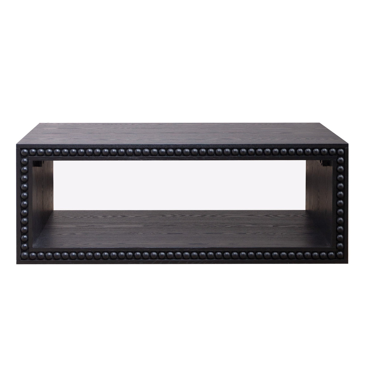 Black Beaded Edge Coffee Table – 47.6' Rectangular Center Table with Open Storage Shelf, Modern Farmhouse Style, Solid Black Finish