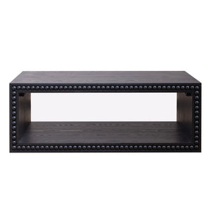 Black Beaded Edge Coffee Table – 47.6' Rectangular Center Table with Open Storage Shelf, Modern Farmhouse Style, Solid Black Finish