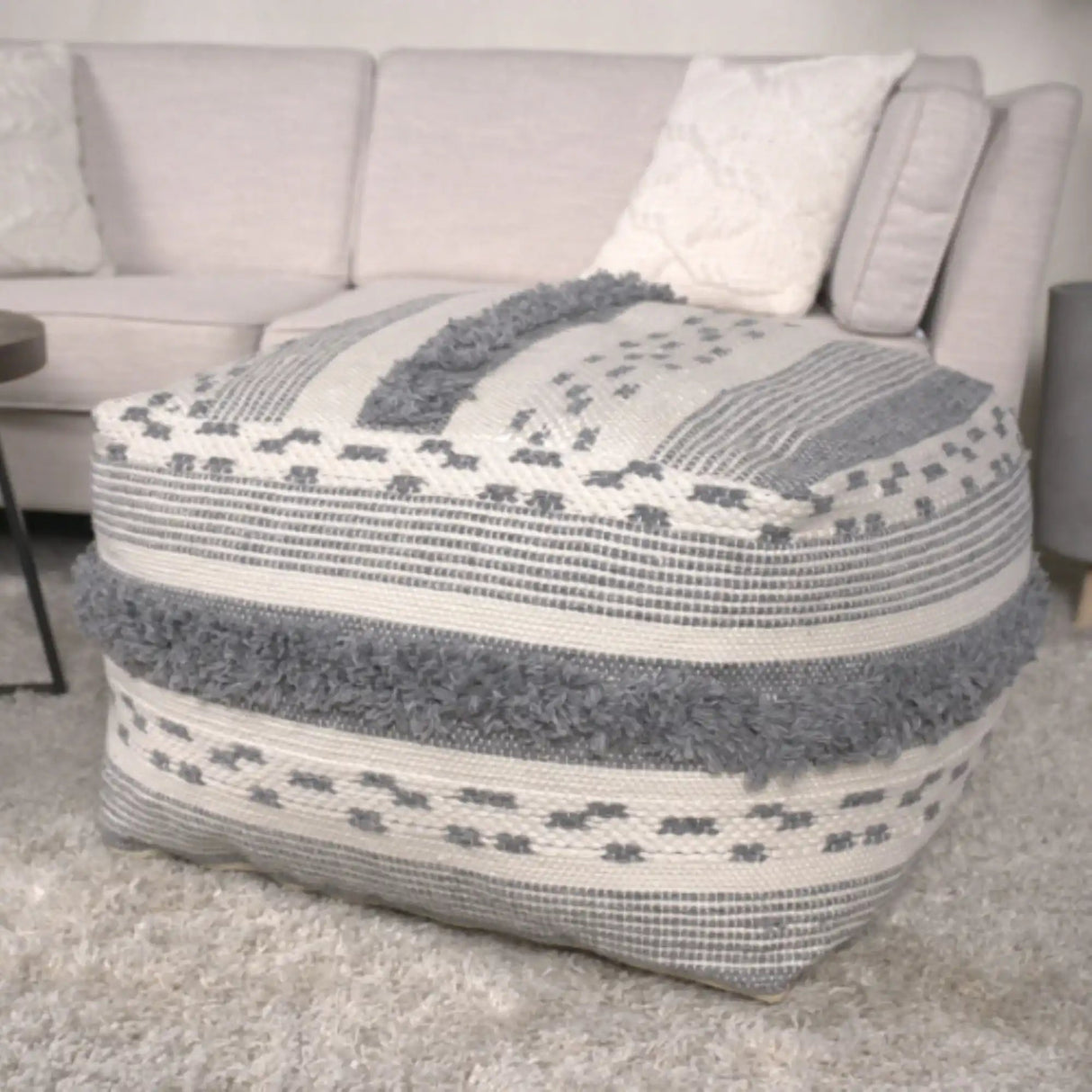 Karim Faux Yarn Large Accent Pouf in Ivory and Gray