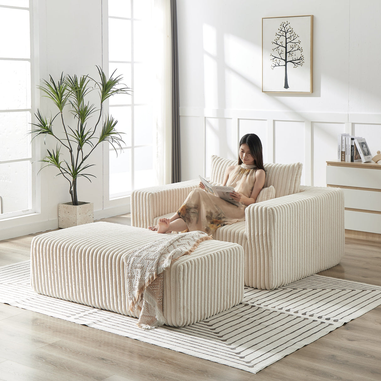 75-Inch Corduroy Sofa Lounge Chair with Removable Footrest