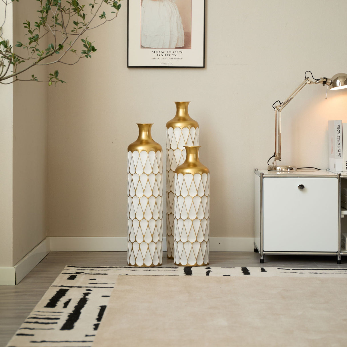 Floor Metal Vase Modern Style Decoration Home Droplet Shaped Metal Vase 3 Piece Set Gorgeous Home Decoration Large Glazed Metal Vase - Gold / White
