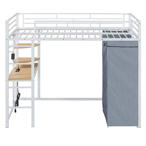 Loft Bed With Desk, Shelves, Power Outlet, LED Light And Wardrobe