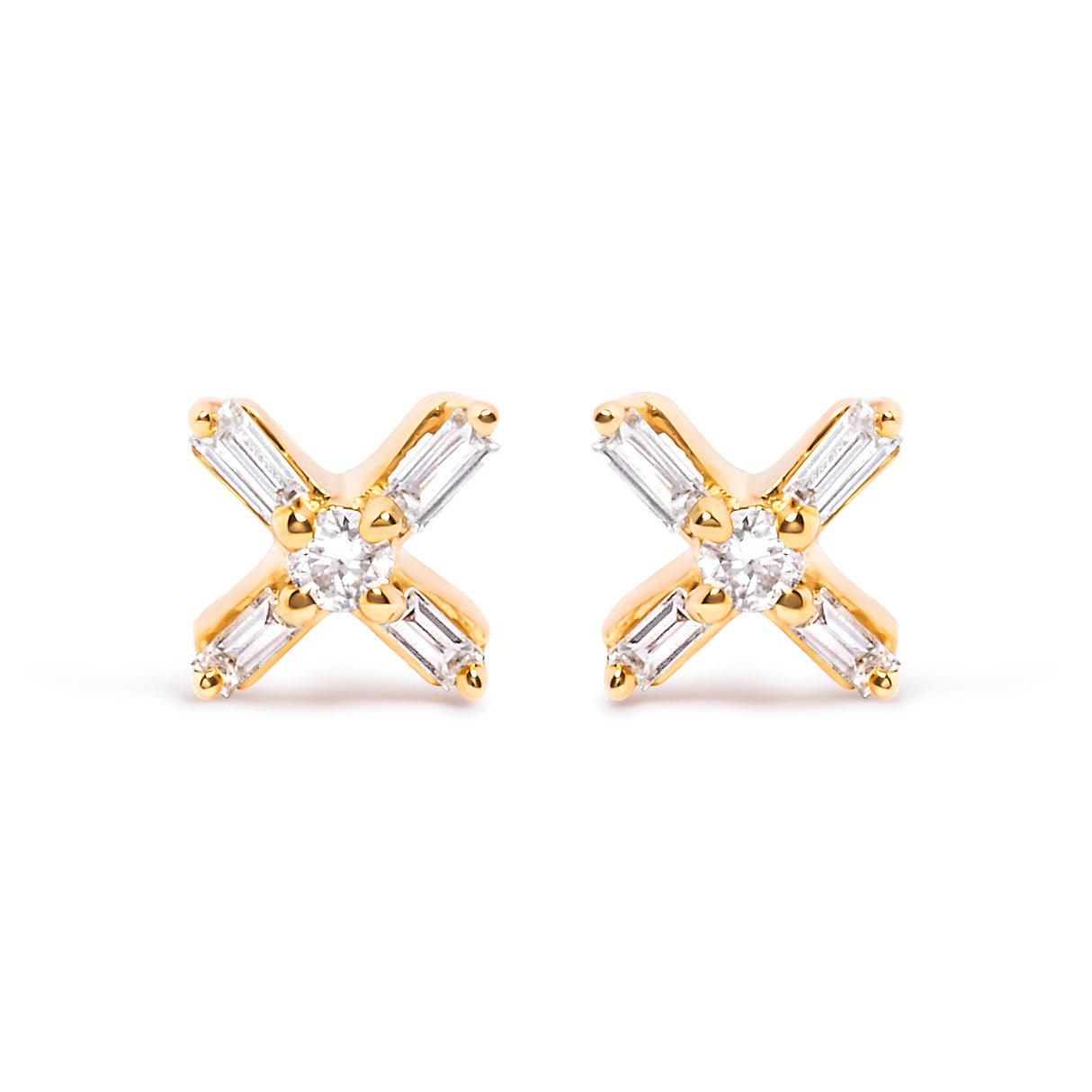 10K Yellow Gold 1/10 Cttw Round and Baguette Diamond Criss Cross X Stud Earring (H-I Color, I1-I2 Clarity)