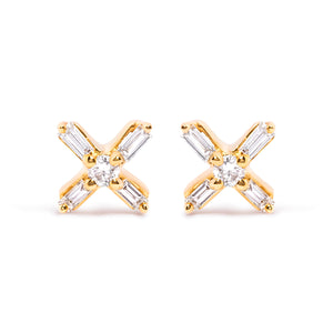 10K Yellow Gold 1/10 Cttw Round and Baguette Diamond Criss Cross X Stud Earring (H-I Color, I1-I2 Clarity)