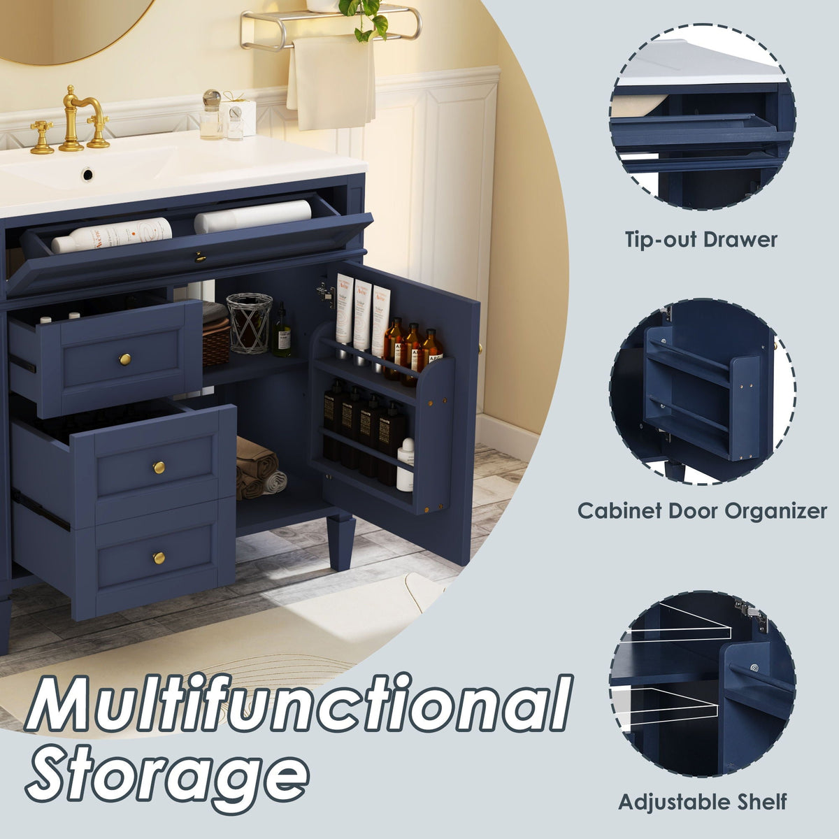Bathroom Vanity With Top Sink, Modern Bathroom Storage Cabinet, 2 Drawers And A Tip-Out Drawer, Single Sink Bathroom Vanity - Blue