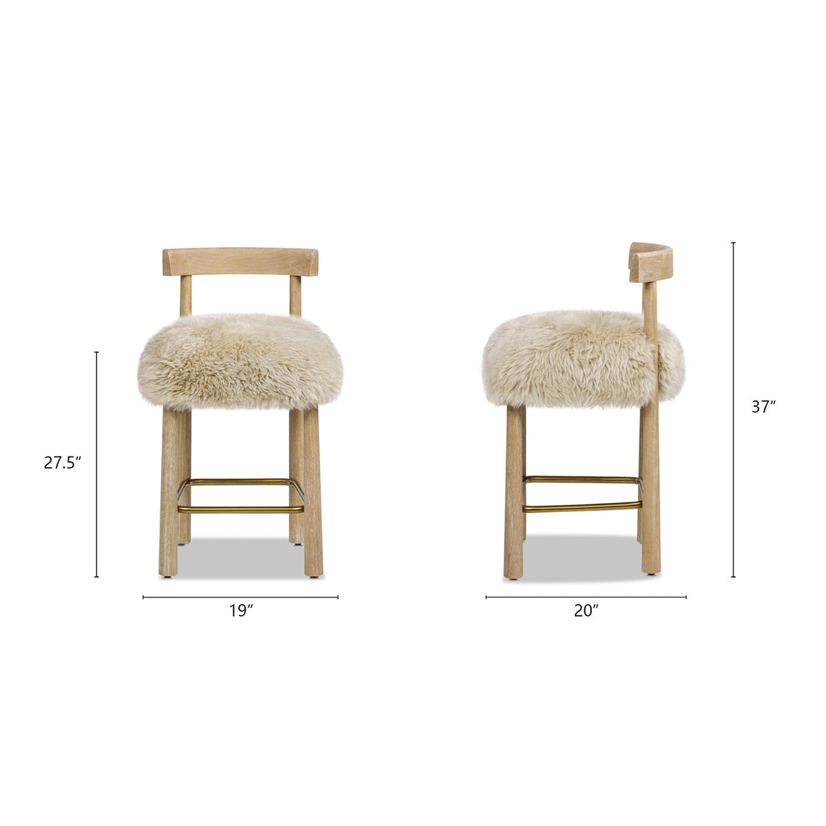 Genuine Fur Counter Height Bar Stool with Brass Footrest - Light Wood