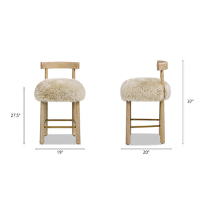 Genuine Fur Counter Height Bar Stool with Brass Footrest - Light Wood