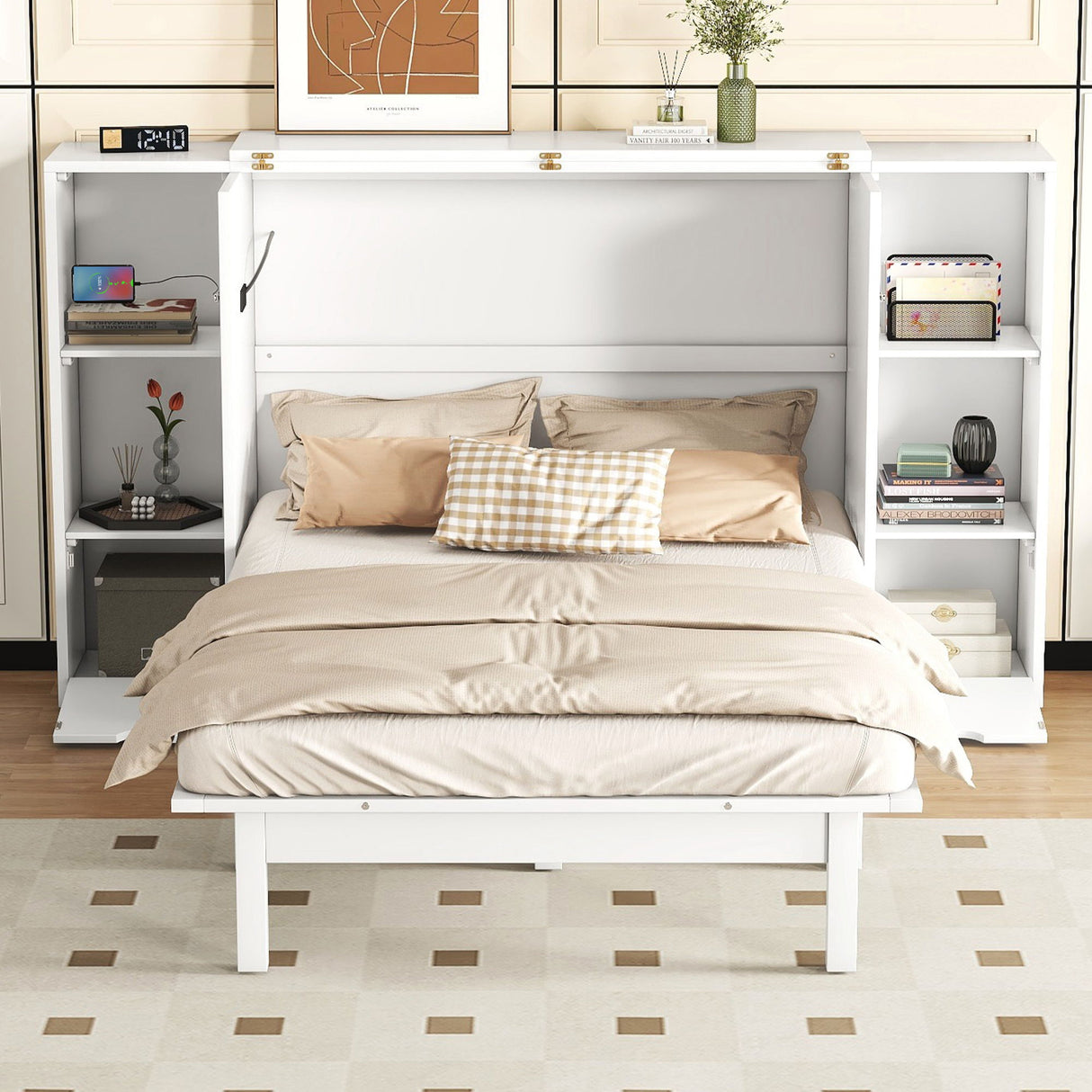 Murphy Bed With Shelves, Drawers And USB Ports