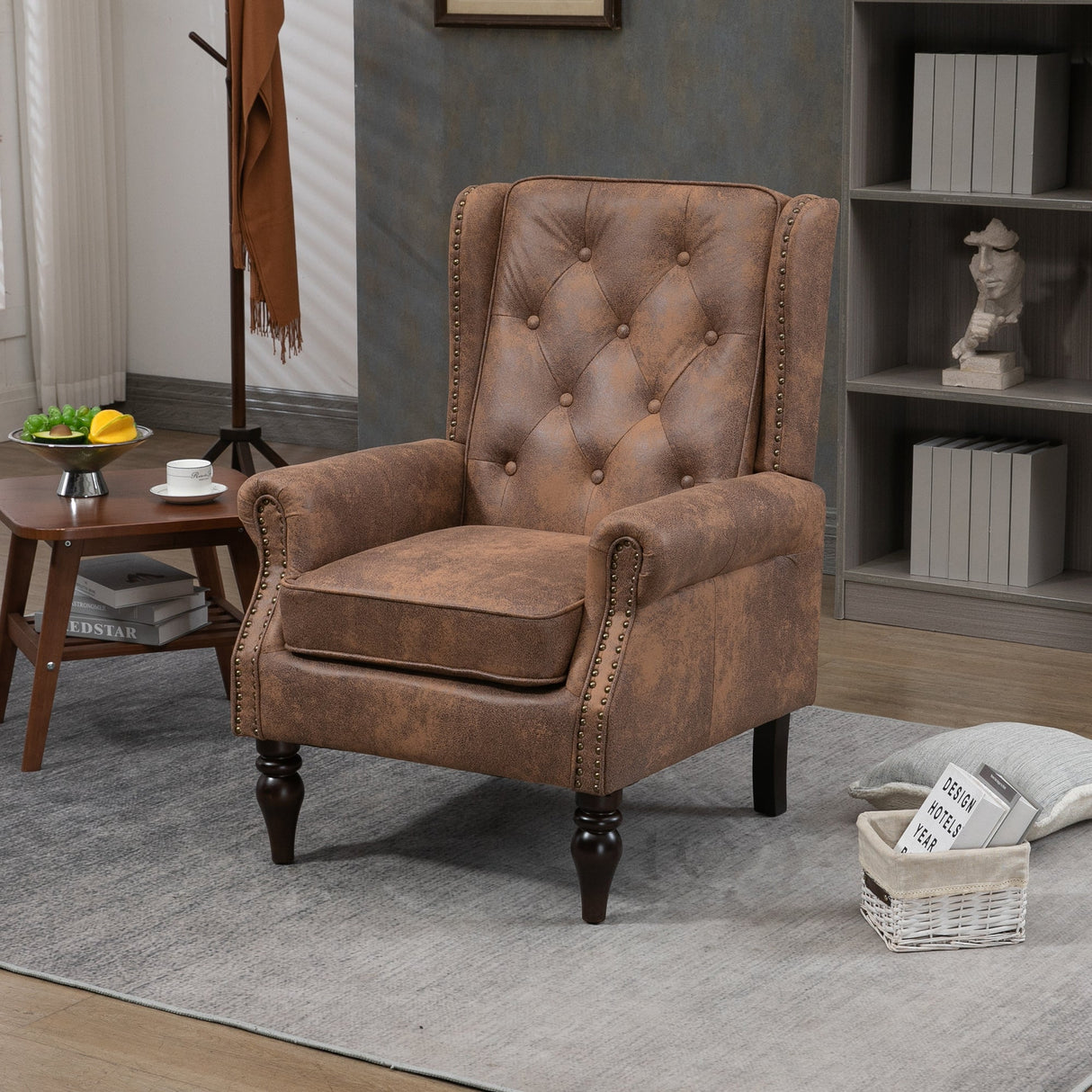 Modern Coffee Wood Frame Armchair with Microsuede Upholstery