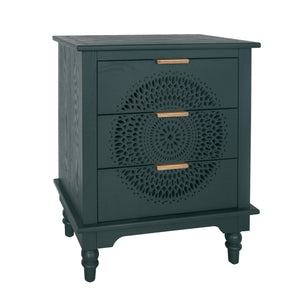 Blackish Green Hollow-Carved 3-Drawer Dresser with Metal Handles