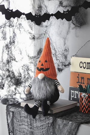 23.5" Seated Jack-O'-Lantern Gnome With Striped Limbs and Faux Fur Beard