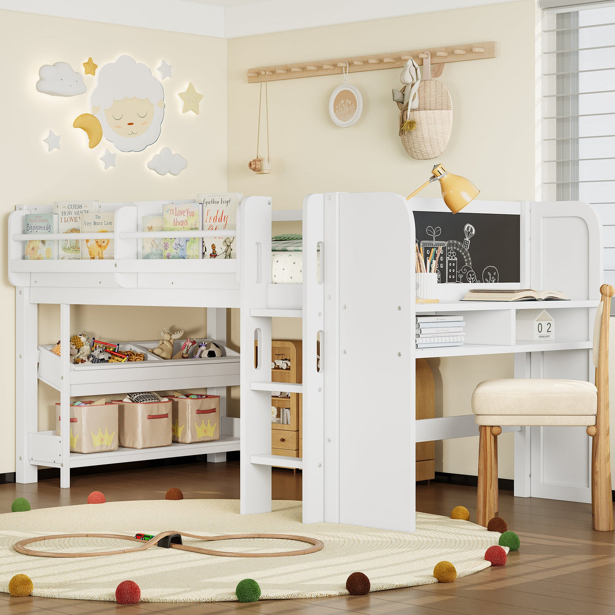 Twin Loft Bed With Multi-Storage Bookcases, Desk And Blackboard