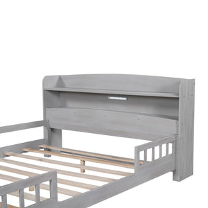 Wood Platform Bed With Built In LED Light, Storage Headboard And Guardrail