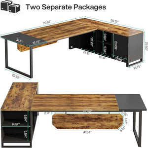 L-Shaped Executive Desk With File Cabinet, Computer Workstation With Storage
