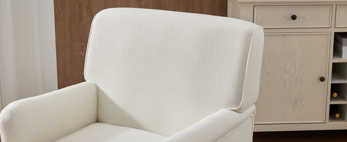 Vintage Upholstered Linen Fabric Armchair with Antique Solid Wood Legs