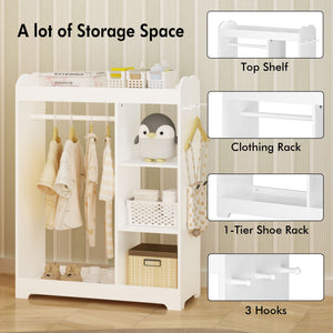 Dress Up Storage With Mirror And Hooks, Clothes Rack With Hanging Rod, 3 Side Hooks, Open Shelves, Top Shelf Organizer - White