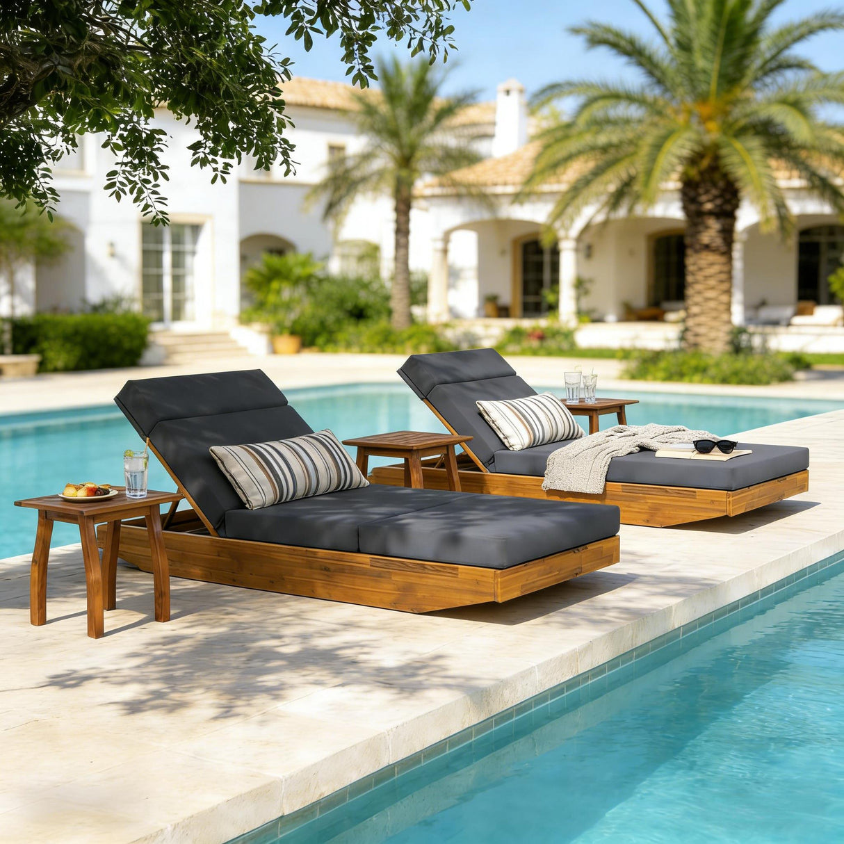 Modern Acacia Wood Outdoor Chaise Lounge with Adjustable Headrest