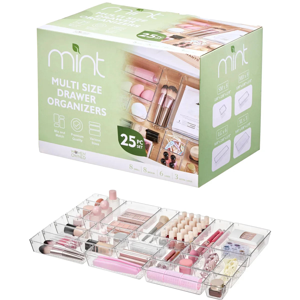 25 PCS Clear Plastic Drawer Organizers Set