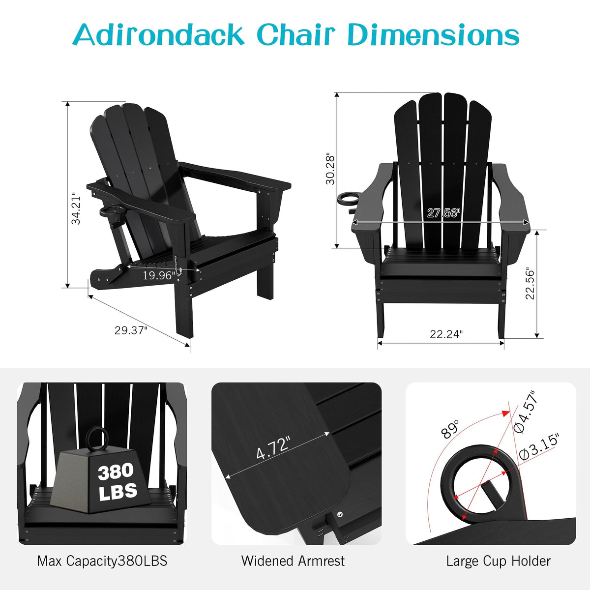 Adirondack Chairs Set of 2, Plastic HDPE Folding Outdoor Chairs with Cup Holder