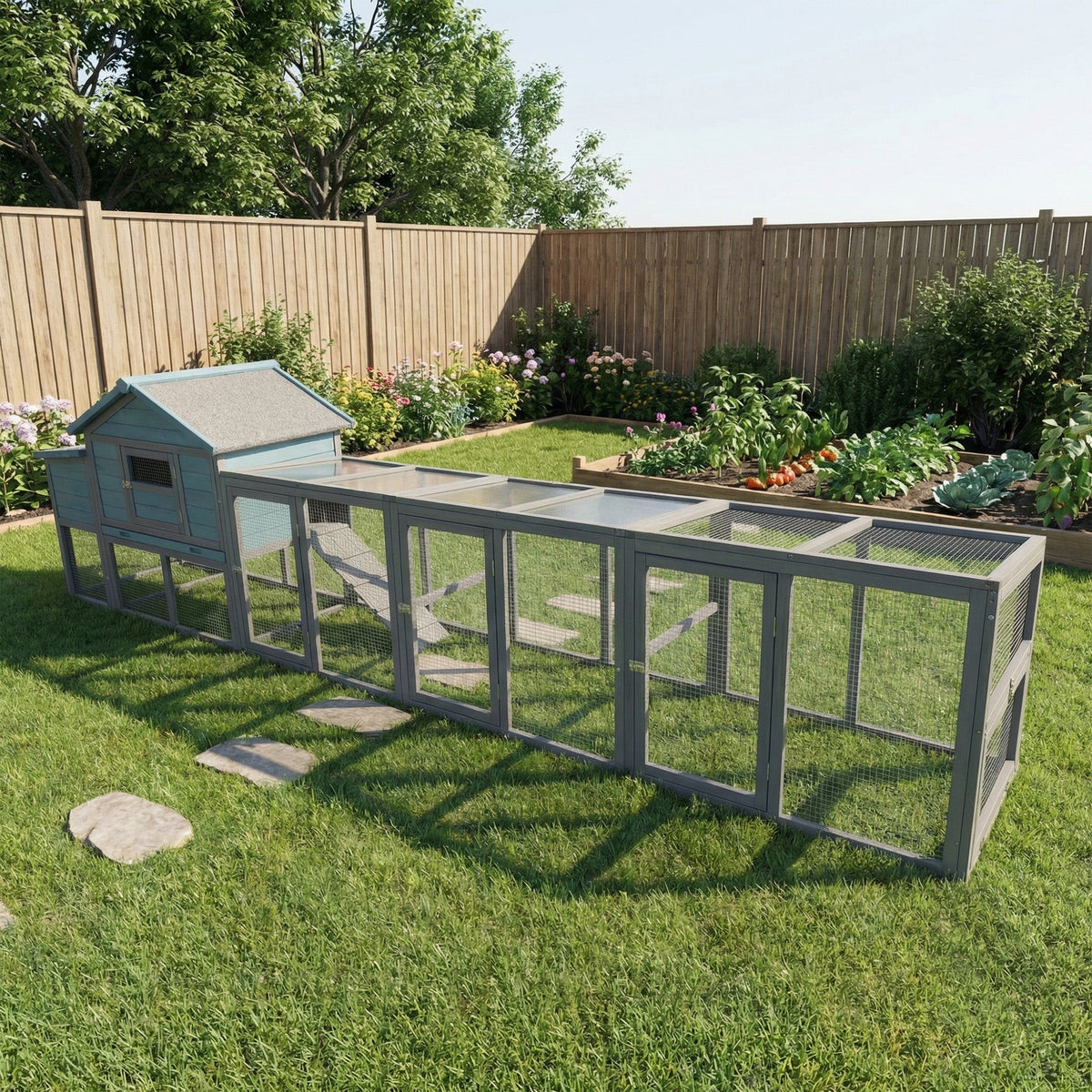 141" Large Wooden Chicken Coop with Nesting Box and Wire Fence - Blue-Gray
