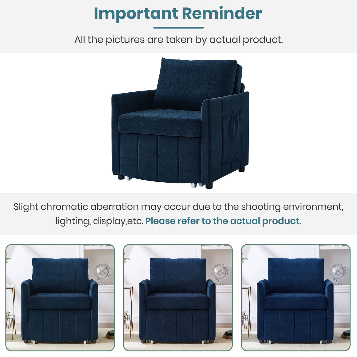Upholstered Convertible Sleeper Sofa With 5 Position Backrest, Side Pockets, Storage