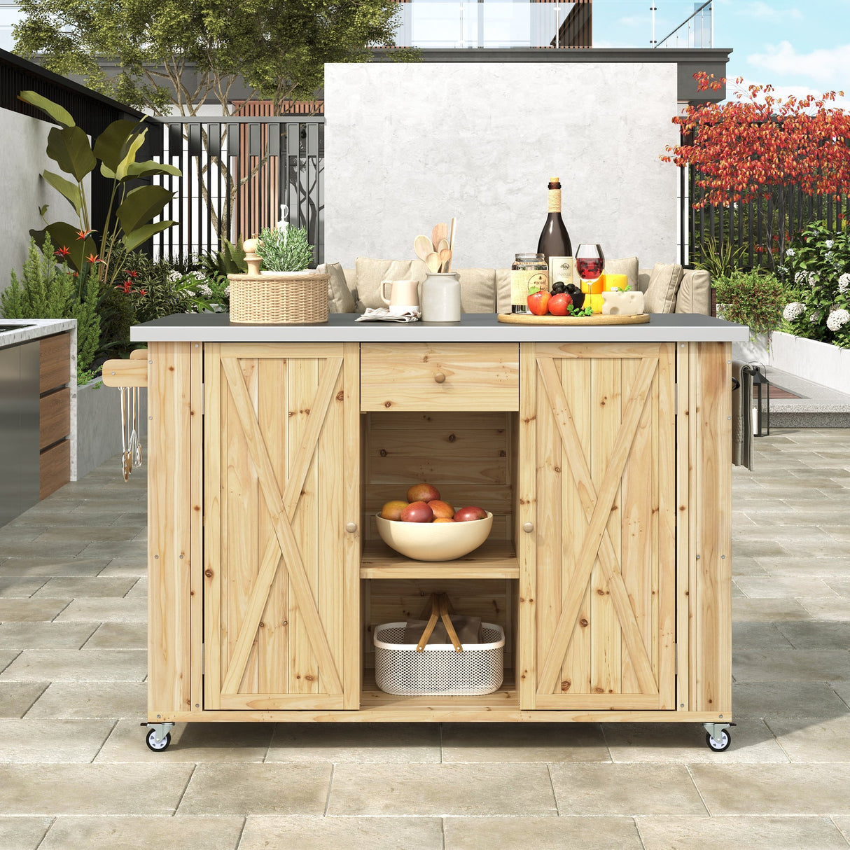 Outdoor Kitchen Island Fir Wood Kitchen Island with Stainless Steel Top