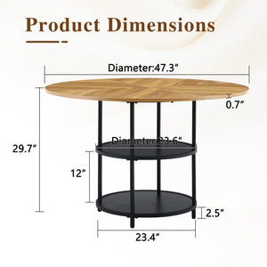 47.3-Inch Diameter Modern Circular Dining Table with Double-Layer Storage - Black, Wood