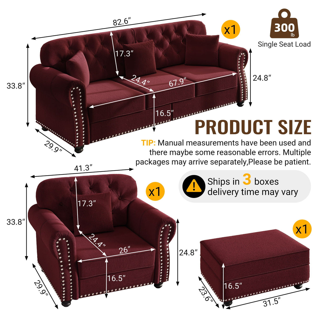 Upholstered Sofa Set With Nailhead Trim and Rolled Armrests, Includes Pillows