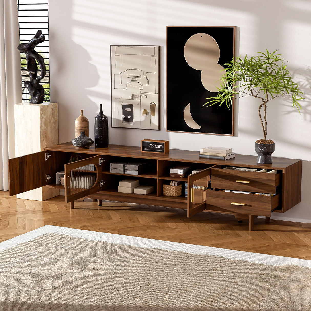 TV Stand With Fluted Doors, 2 Drawers - Walnut