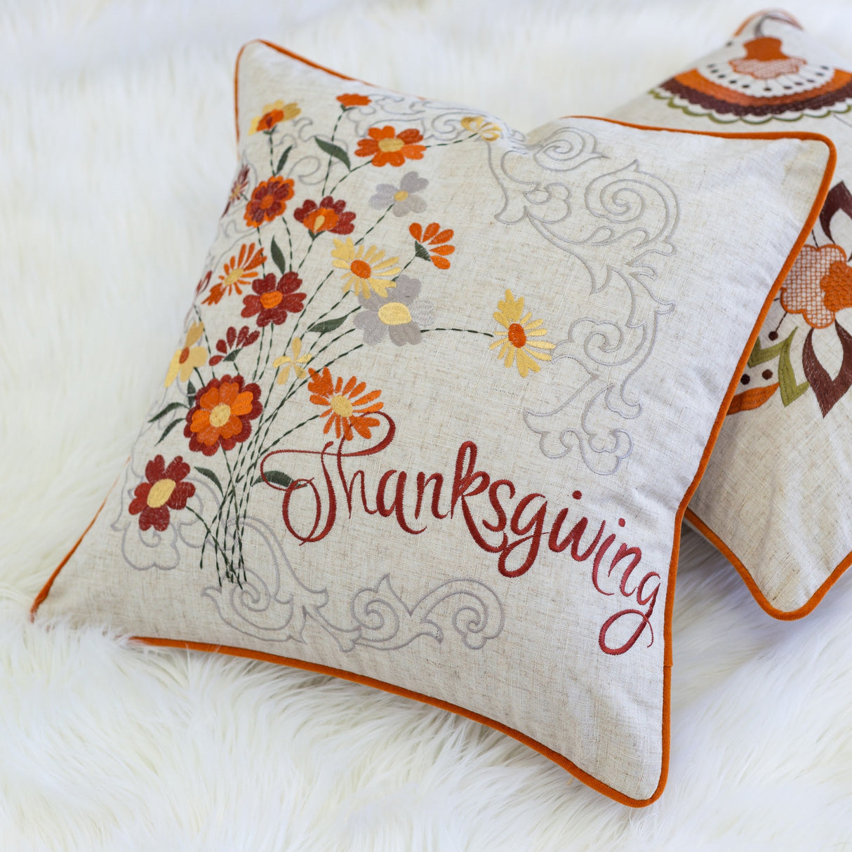 Thanksgiving Embroidered Floral Throw Pillow – Autumn Harvest Accent Cushion Set of 2