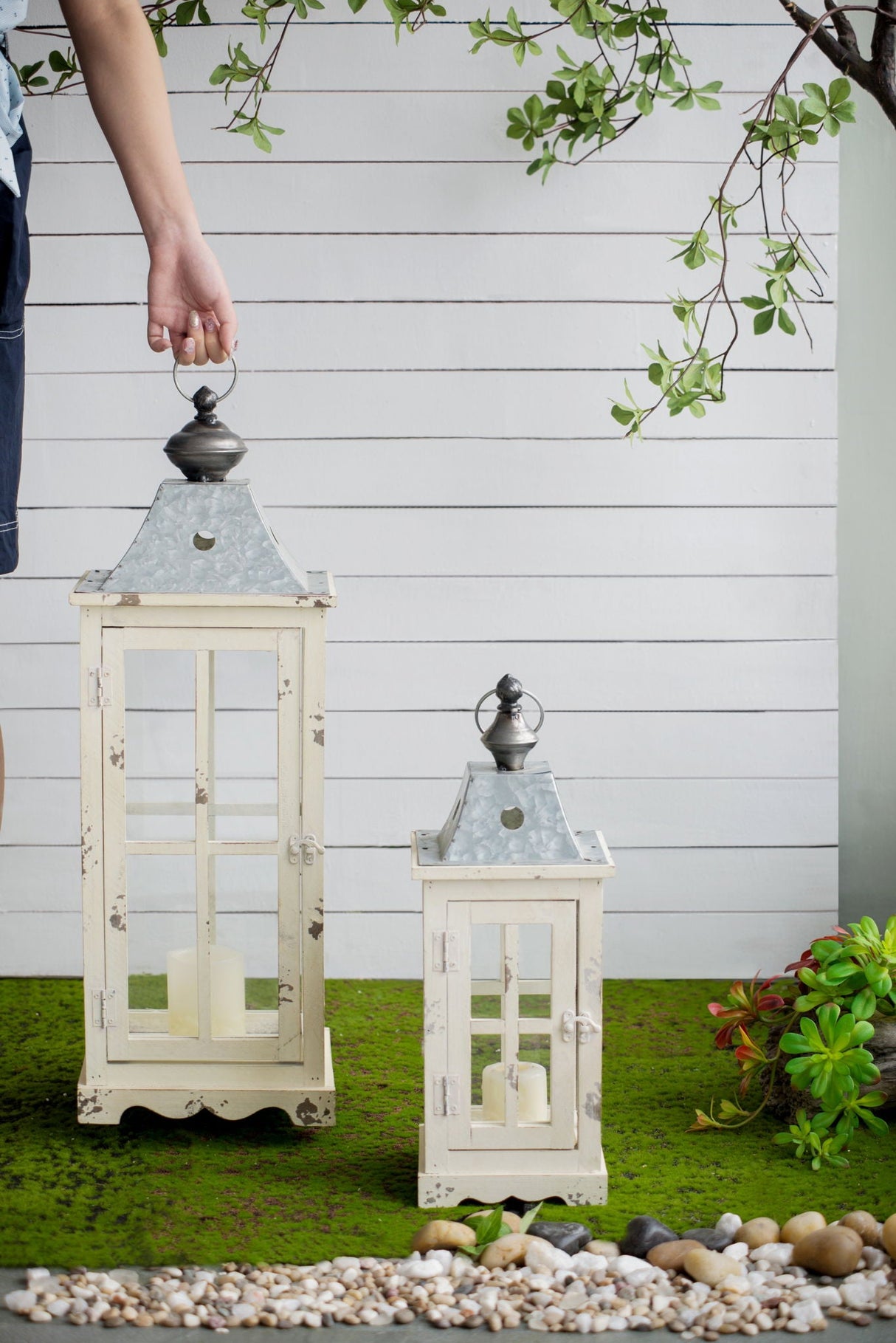 Wooden Candle Lantern Decorative, Hurricane Lantern Holder Decor For Indoor Outdoor, Home Garden - Ivory