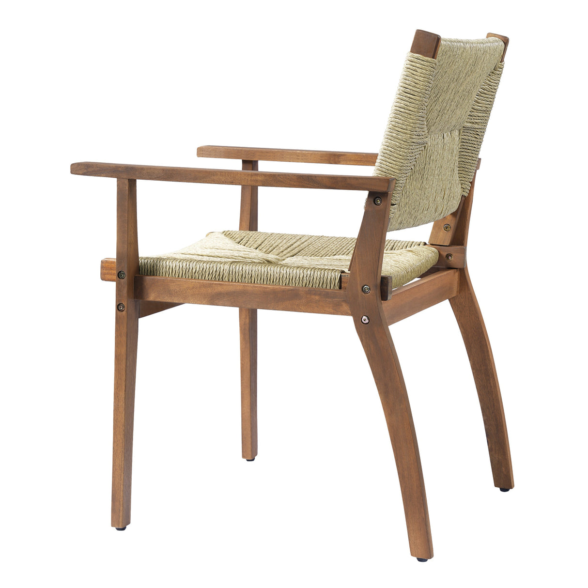5-Piece Outdoor Dining Set: Teak Finish Round Acacia Wood Table & 4 Teak Finish Wicker Armchairs