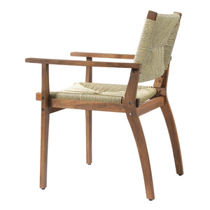 5-Piece Outdoor Dining Set: Teak Finish Round Acacia Wood Table & 4 Teak Finish Wicker Armchairs