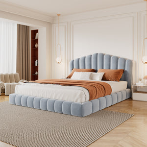 Velvet Upholstered Queen Bed with Shell-Shaped Headboard