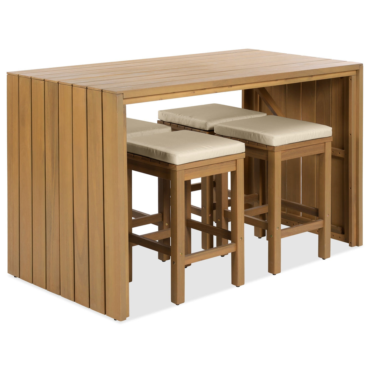 5 Piece Outdoor Bar Set with Acacia Wood Table and Cushioned Stools