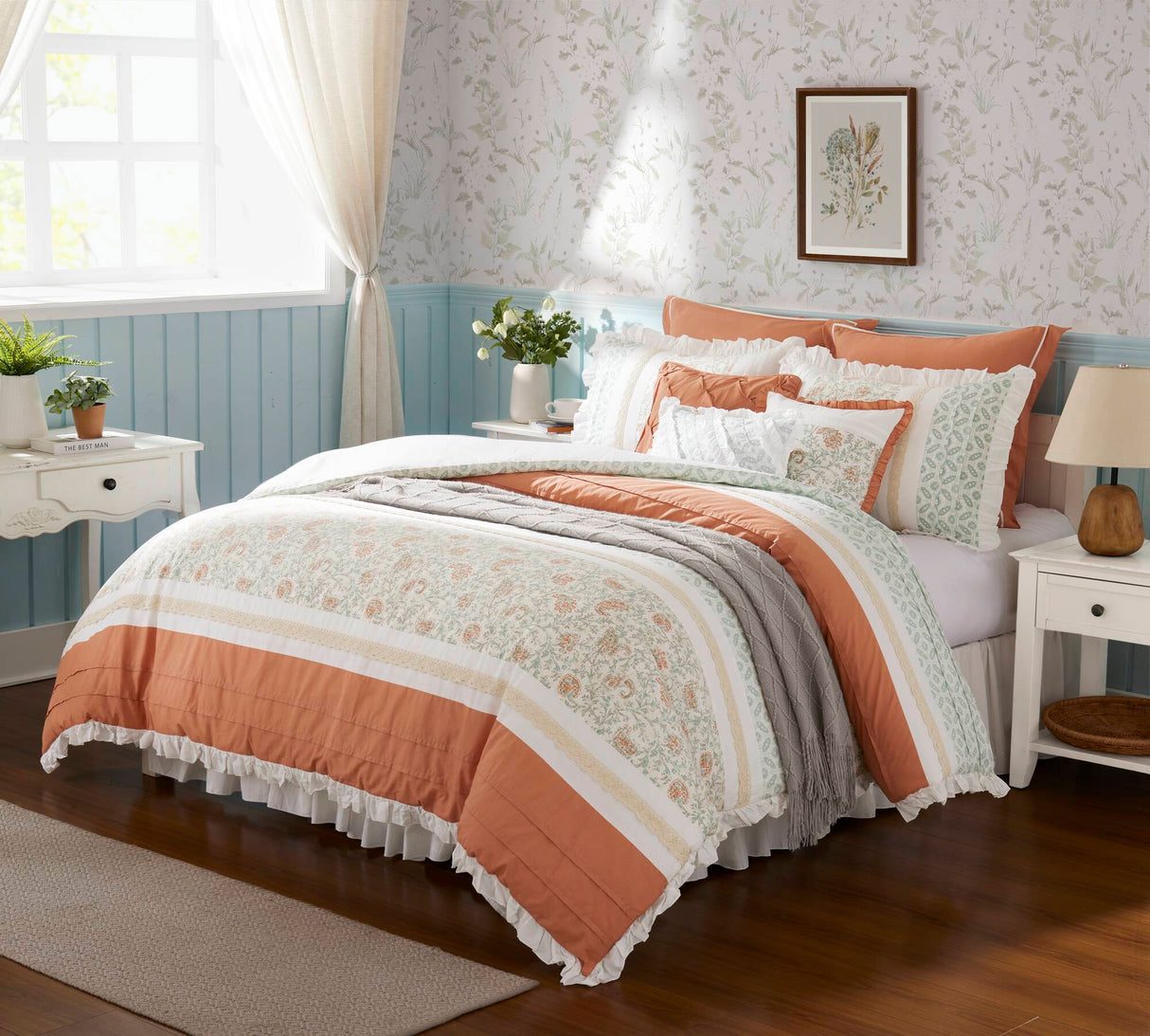 9 Piece Cotton Percale Comforter Set Coral Queen