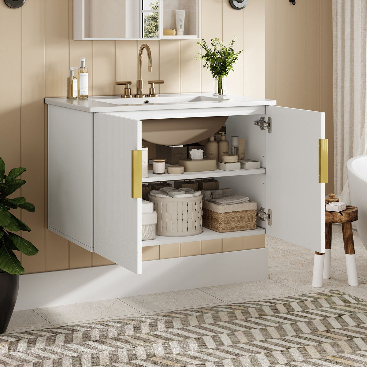 Modern Rectangular Bathroom Vanity With Sink and Soft-Close Storage - Black or White