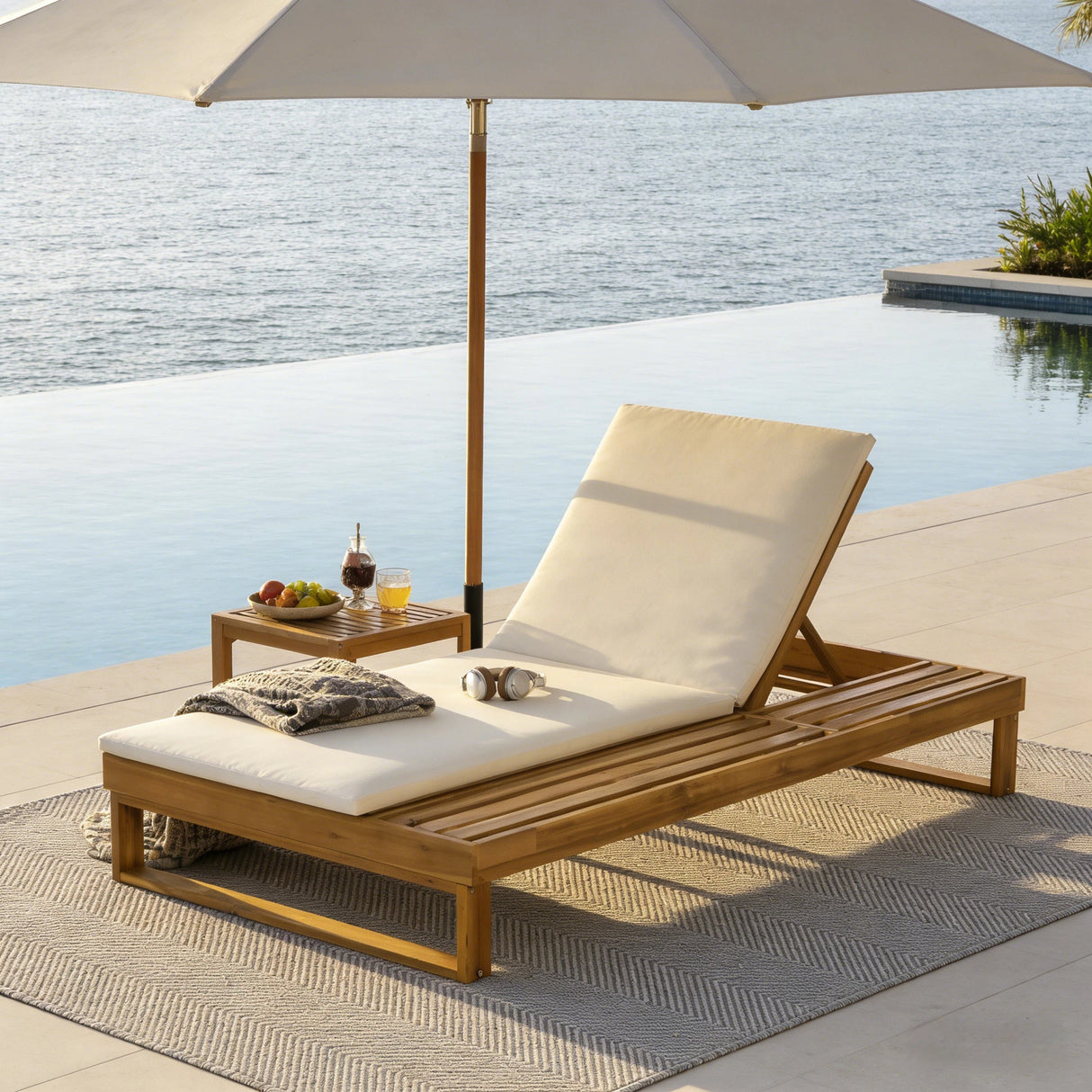 Teak Finish Acacia Wood Chaise Lounge with 1.57-Inch Cushion