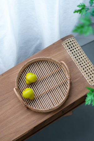 Set of 3 Round Decorative Brown Bamboo Woven Trays with Handles