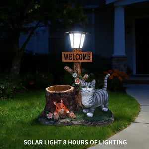 Cat Solar Planter Statue for Outdoor Decor